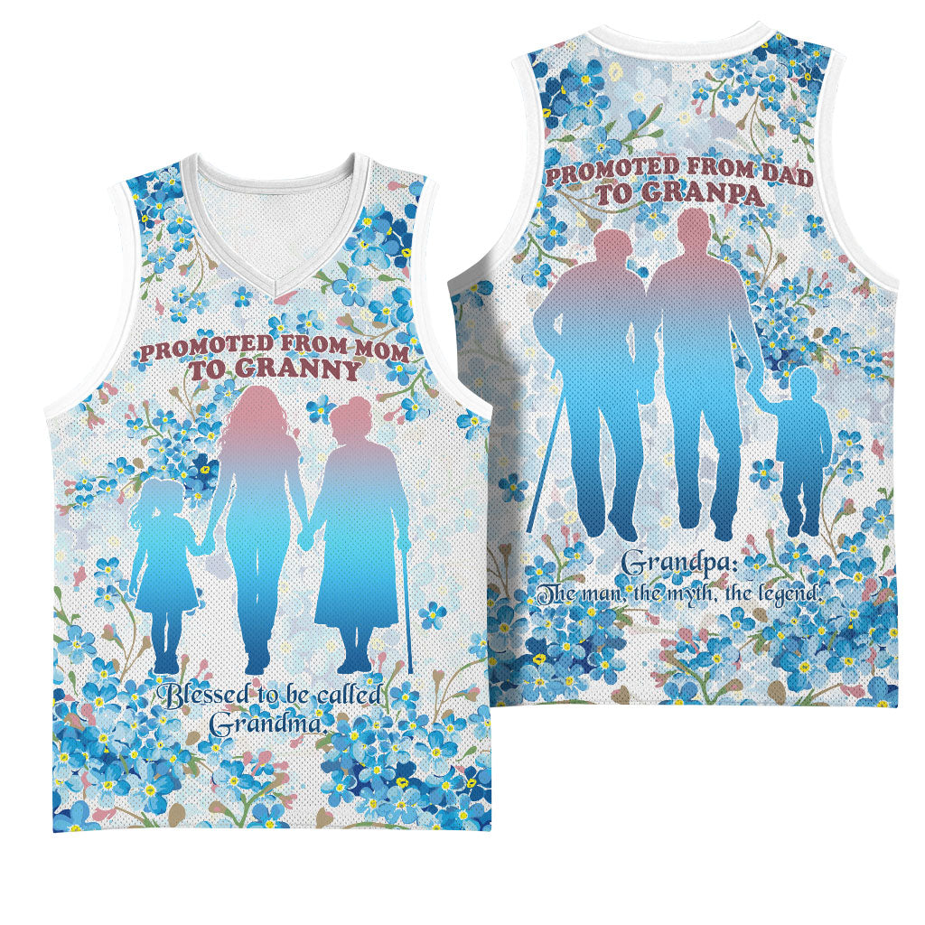 Promoted To Grandparents Basketball Jersey Family Generations Blue Floral Silhouette Art