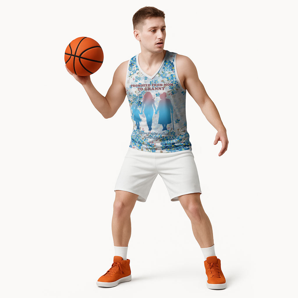 Promoted To Grandparents Basketball Jersey Family Generations Blue Floral Silhouette Art