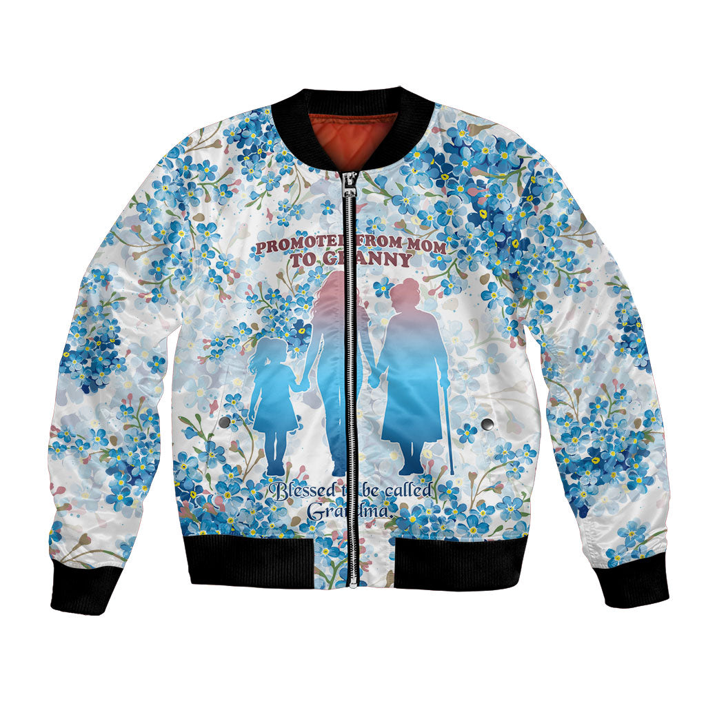 Promoted To Grandparents Bomber Jacket Family Generations Blue Floral Silhouette Art