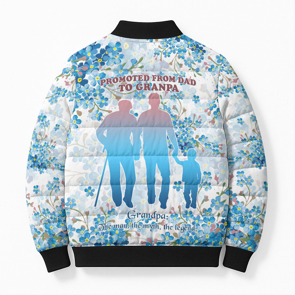 Promoted To Grandparents Bomber Puffer Jacket Family Generations Blue Floral Silhouette Art