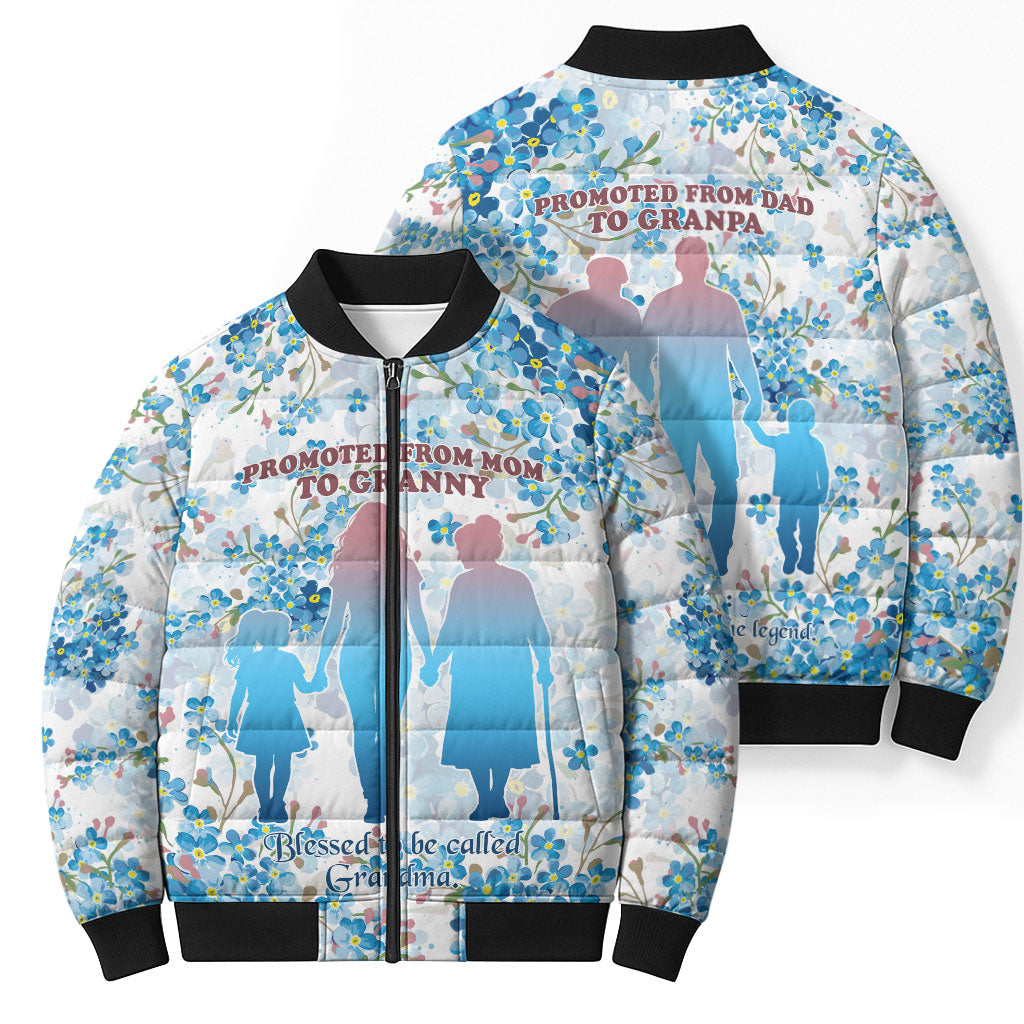 Promoted To Grandparents Bomber Puffer Jacket Family Generations Blue Floral Silhouette Art