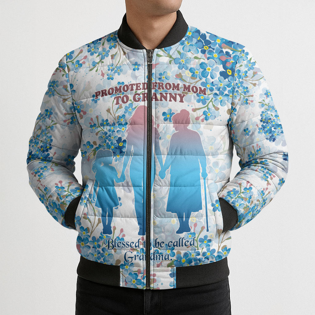 Promoted To Grandparents Bomber Puffer Jacket Family Generations Blue Floral Silhouette Art
