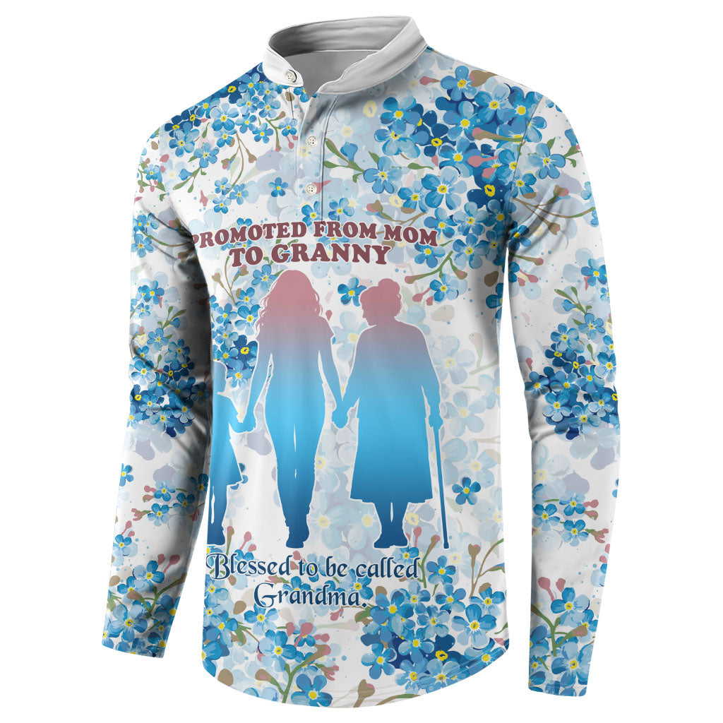Promoted To Grandparents Button Sweatshirt Family Generations Blue Floral Silhouette Art