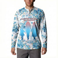 Promoted To Grandparents Button Sweatshirt Family Generations Blue Floral Silhouette Art