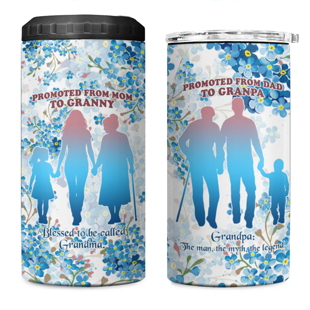 Promoted To Grandparents 4 in 1 Can Cooler Tumbler Family Generations Blue Floral Silhouette Art