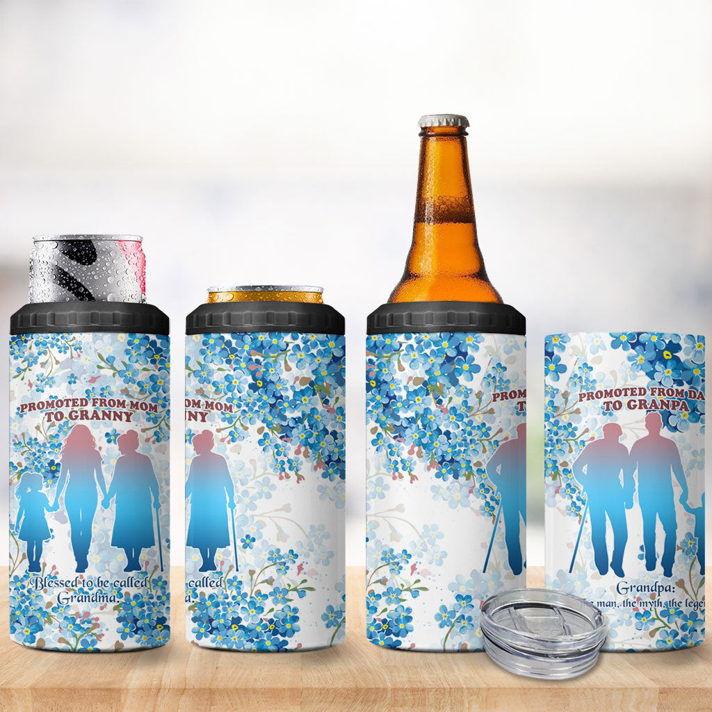 Promoted To Grandparents 4 in 1 Can Cooler Tumbler Family Generations Blue Floral Silhouette Art