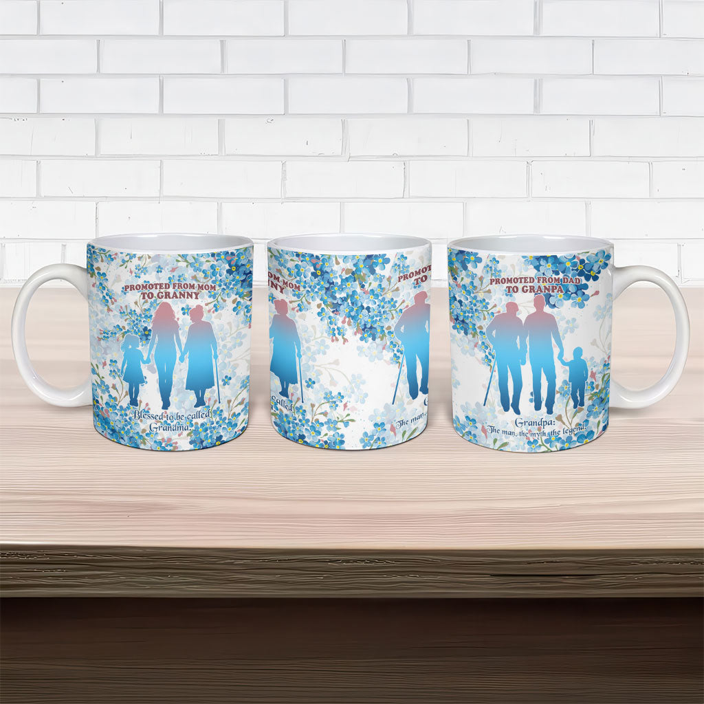 Promoted To Grandparents Ceramic Mug Family Generations Blue Floral Silhouette Art