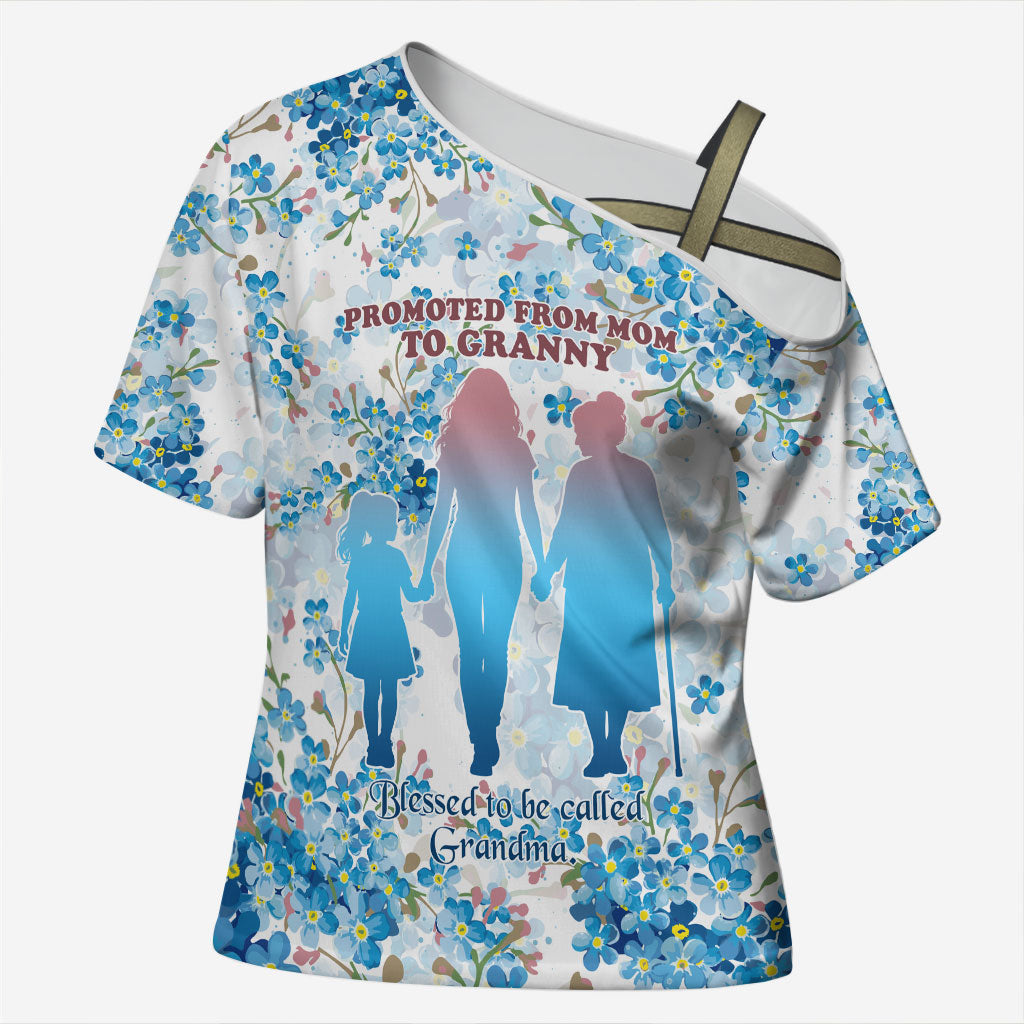 Promoted To Grandparents Cross Shoulder Shirt Family Generations Blue Floral Silhouette Art