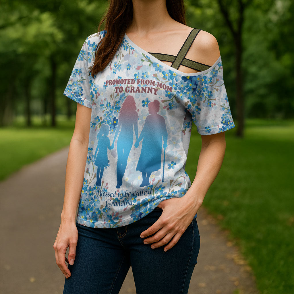 Promoted To Grandparents Cross Shoulder Shirt Family Generations Blue Floral Silhouette Art
