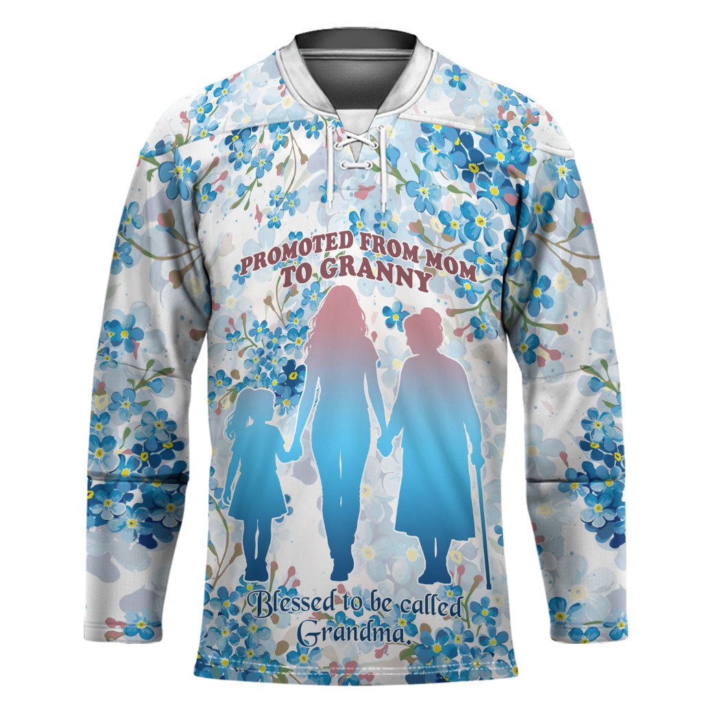 Promoted To Grandparents Hockey Jersey Family Generations Blue Floral Silhouette Art