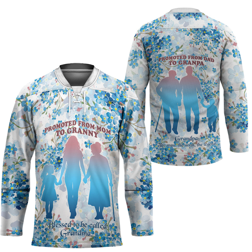Promoted To Grandparents Hockey Jersey Family Generations Blue Floral Silhouette Art