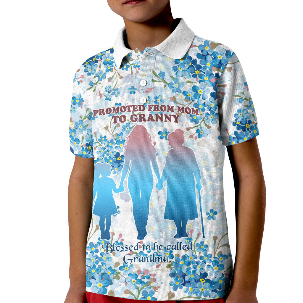 Promoted To Grandparents Kid Polo Shirt Family Generations Blue Floral Silhouette Art