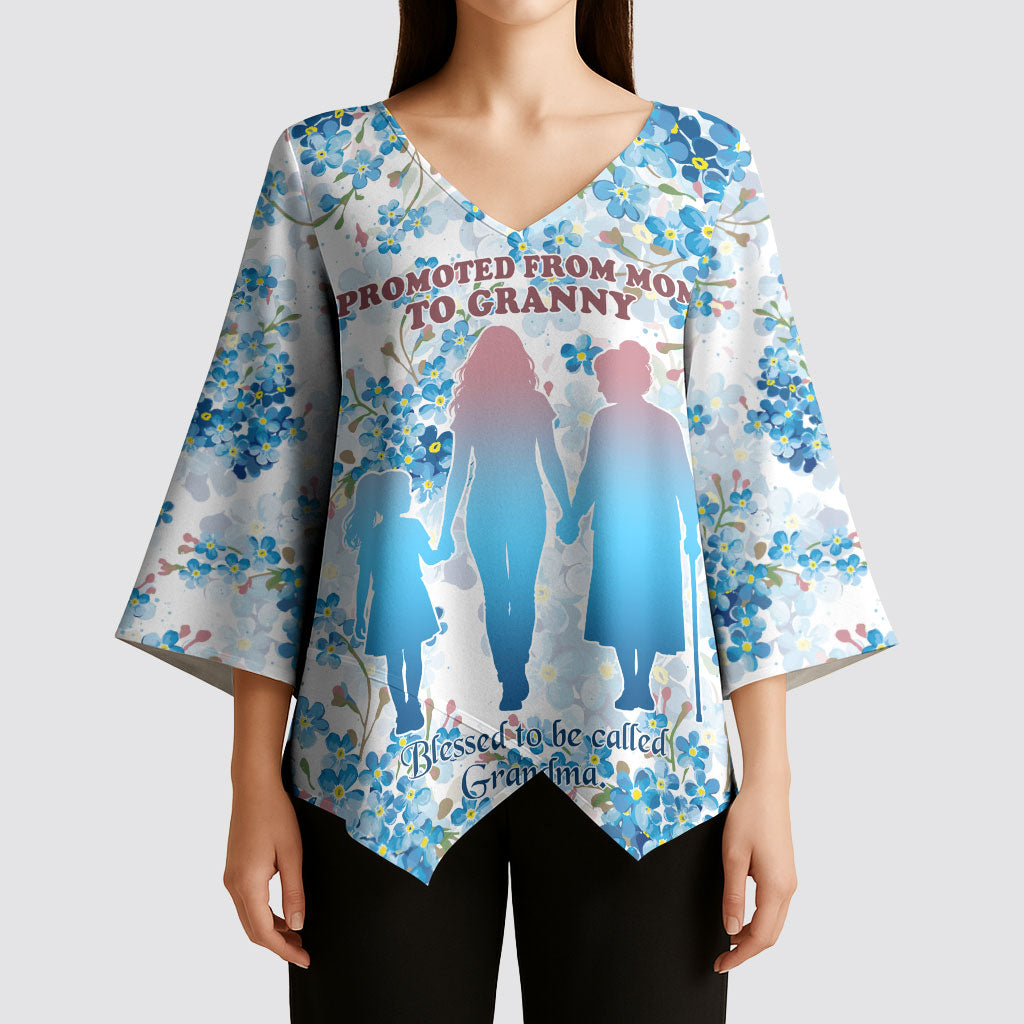 Promoted To Grandparents Kimono Sleeve Blouse Family Generations Blue Floral Silhouette Art