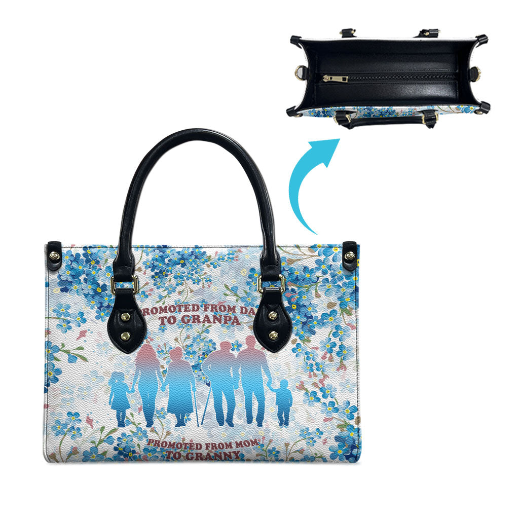 Promoted To Grandparents Leather Bag Family Generations Blue Floral Silhouette Art