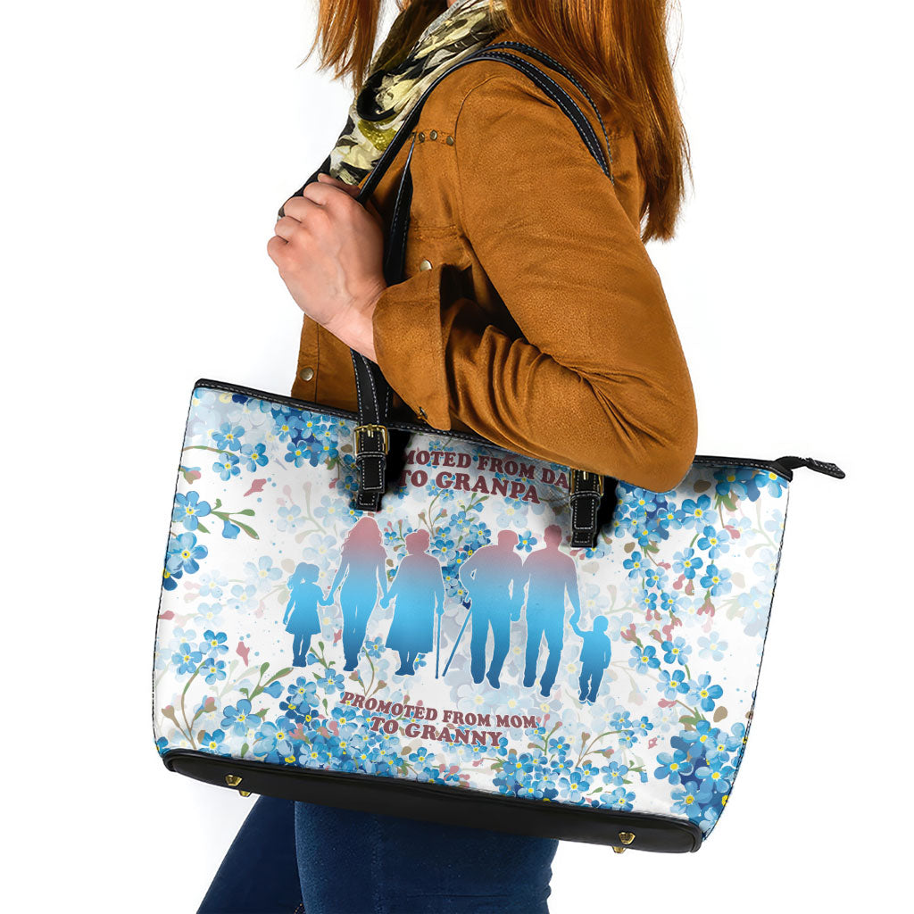 Promoted To Grandparents Leather Tote Bag Family Generations Blue Floral Silhouette Art
