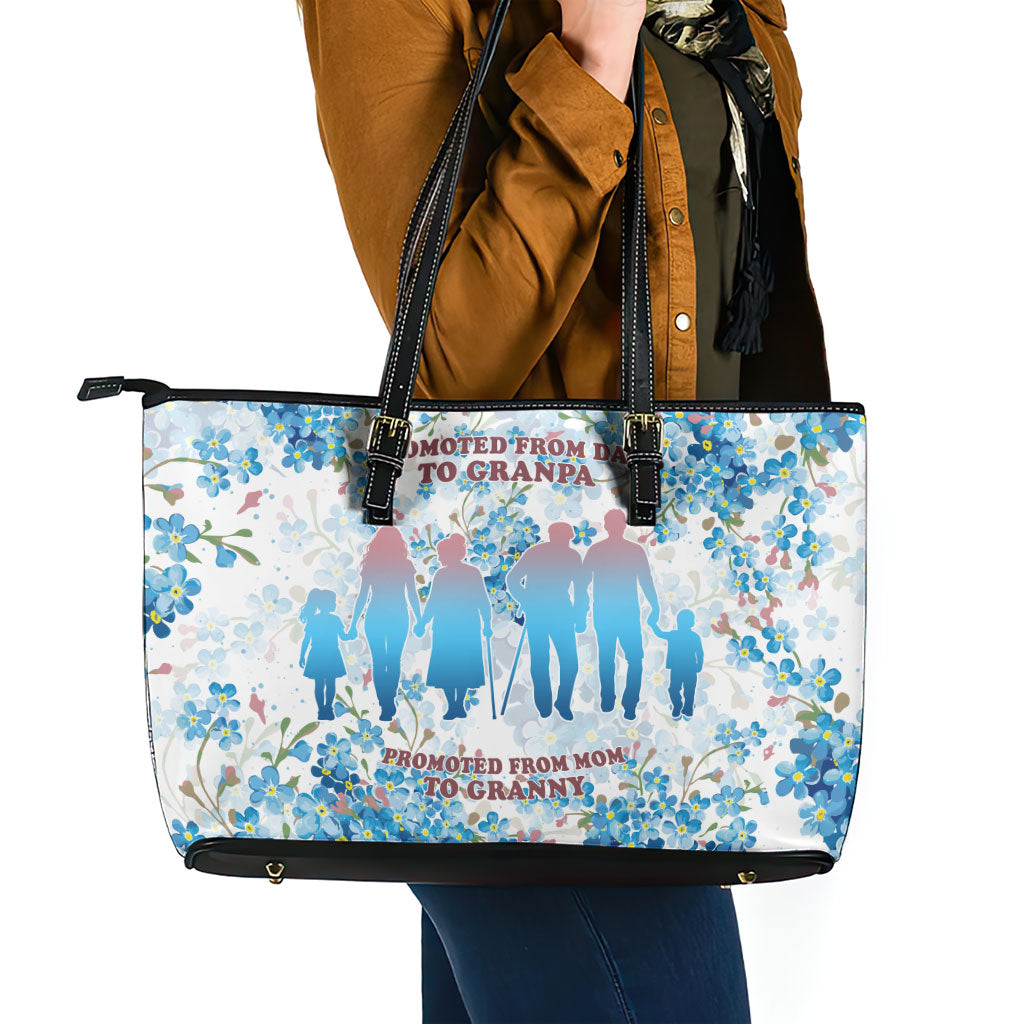 Promoted To Grandparents Leather Tote Bag Family Generations Blue Floral Silhouette Art