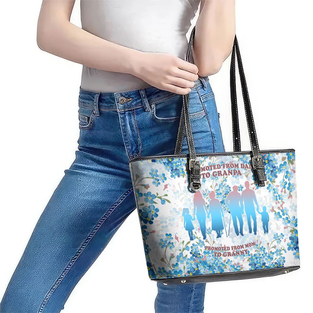 Promoted To Grandparents Leather Tote Bag Family Generations Blue Floral Silhouette Art