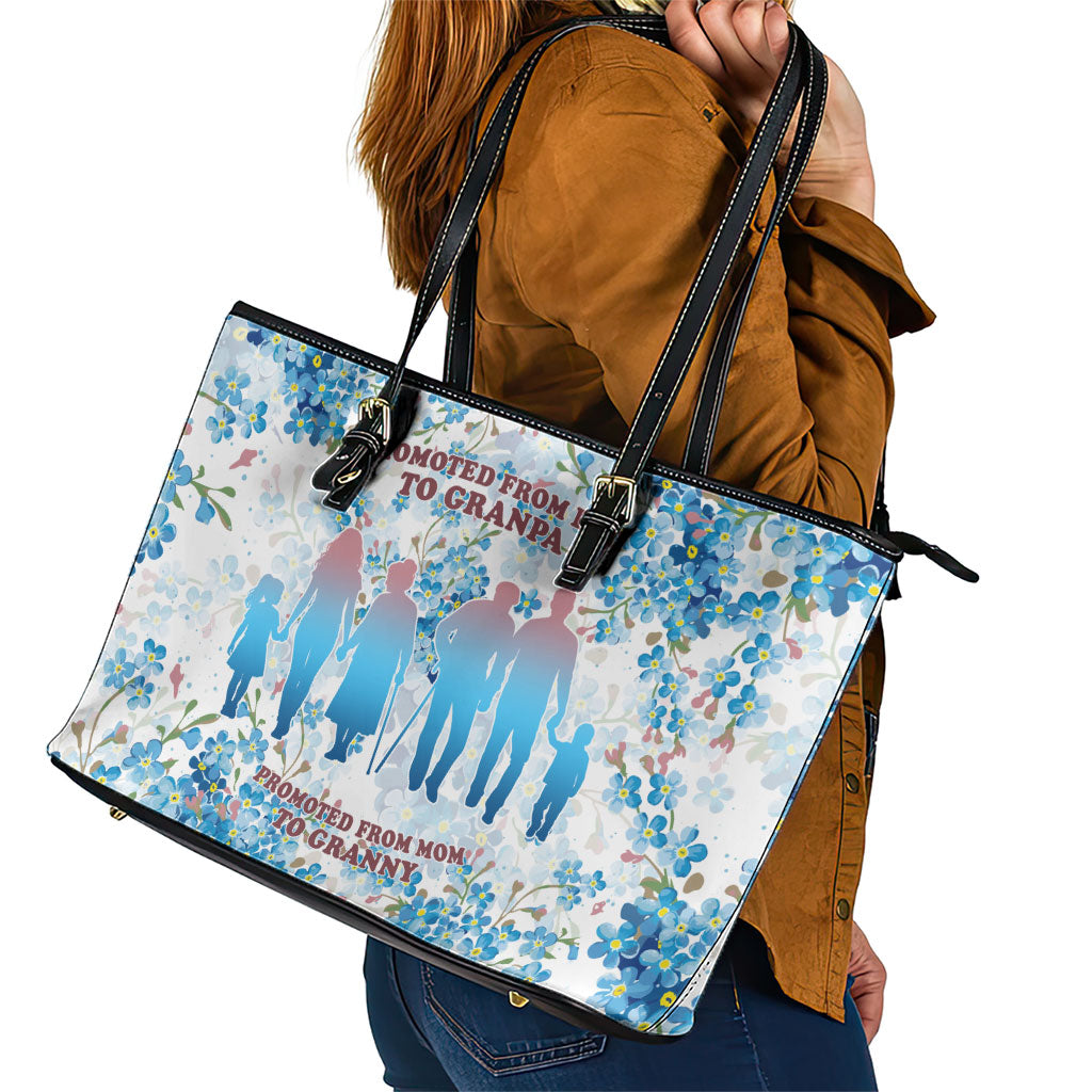 Promoted To Grandparents Leather Tote Bag Family Generations Blue Floral Silhouette Art