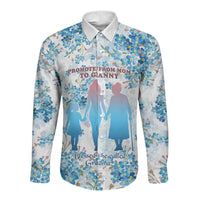 Promoted To Grandparents Long Sleeve Button Shirt Family Generations Blue Floral Silhouette Art