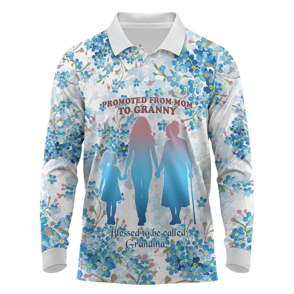 Promoted To Grandparents Long Sleeve Polo Shirt Family Generations Blue Floral Silhouette Art