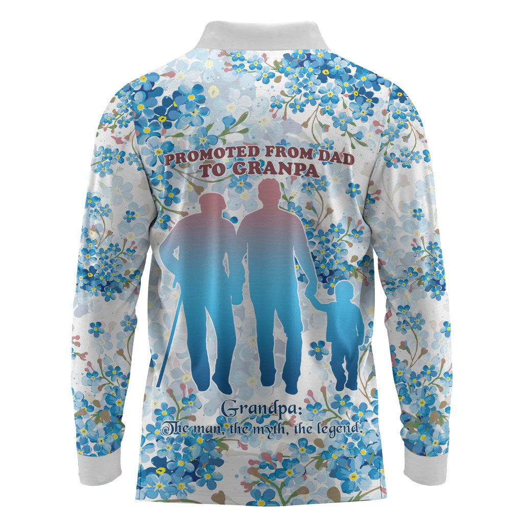 Promoted To Grandparents Long Sleeve Polo Shirt Family Generations Blue Floral Silhouette Art