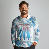 Promoted To Grandparents Long Sleeve Polo Shirt Family Generations Blue Floral Silhouette Art