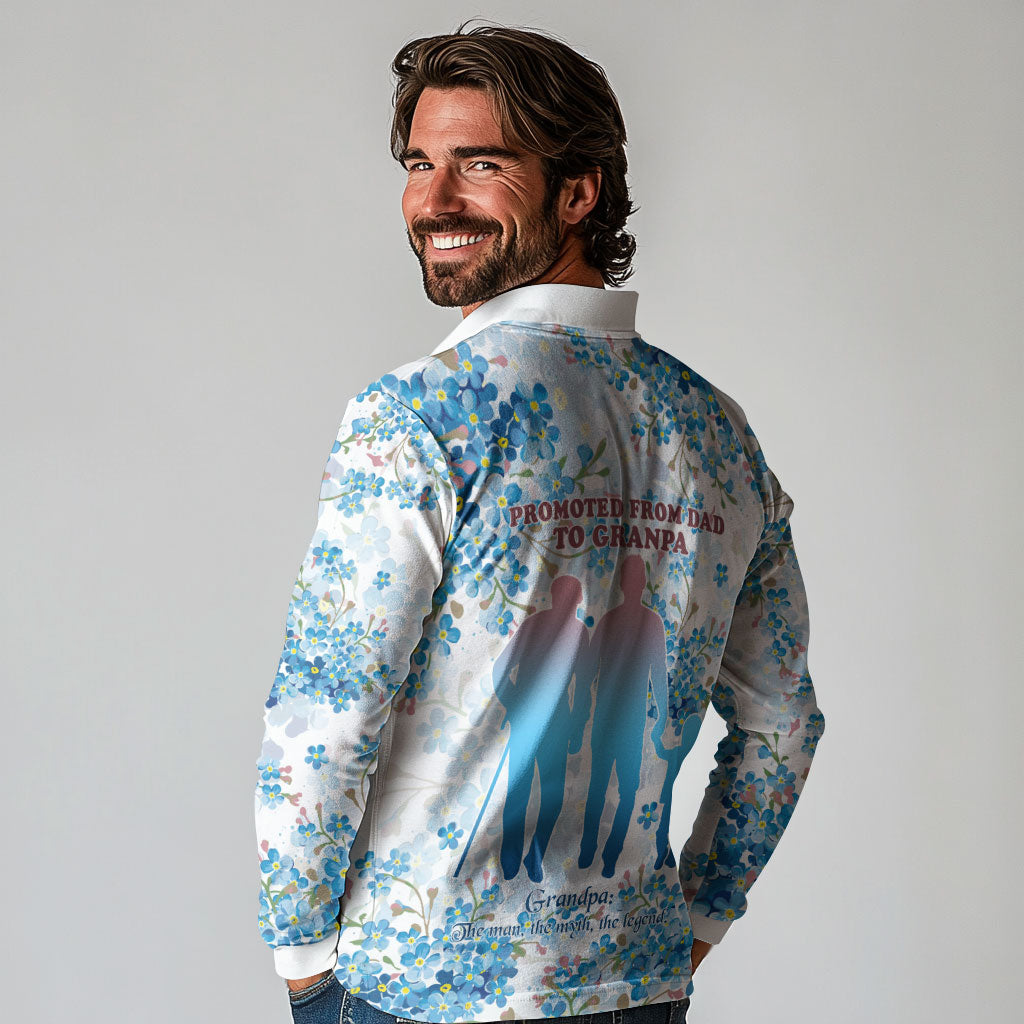 Promoted To Grandparents Long Sleeve Polo Shirt Family Generations Blue Floral Silhouette Art