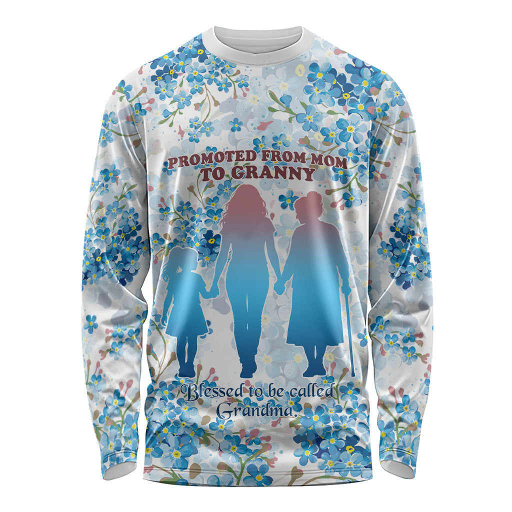 Promoted To Grandparents Long Sleeve Shirt Family Generations Blue Floral Silhouette Art