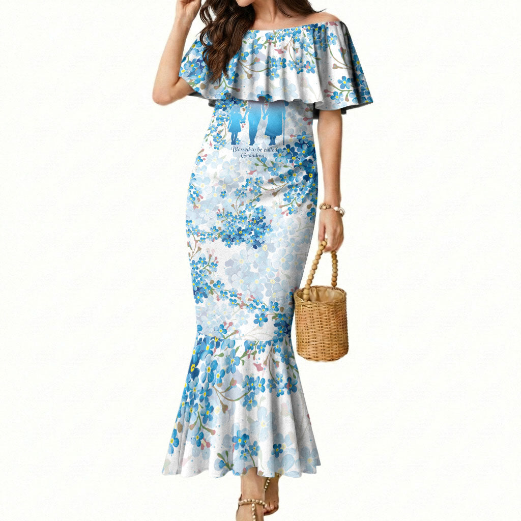 Promoted To Grandparents Mermaid Dress Family Generations Blue Floral Silhouette Art