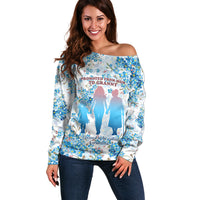 Promoted To Grandparents Off Shoulder Sweater Family Generations Blue Floral Silhouette Art