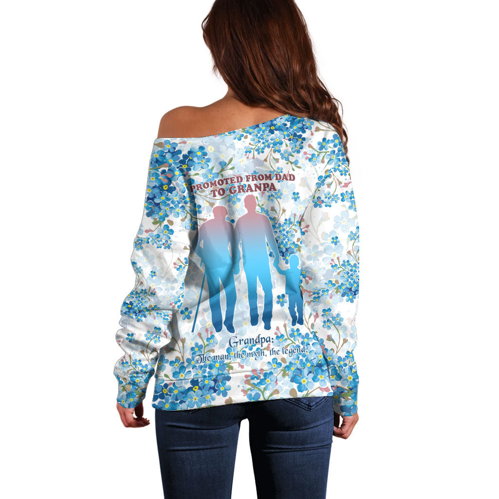Promoted To Grandparents Off Shoulder Sweater Family Generations Blue Floral Silhouette Art