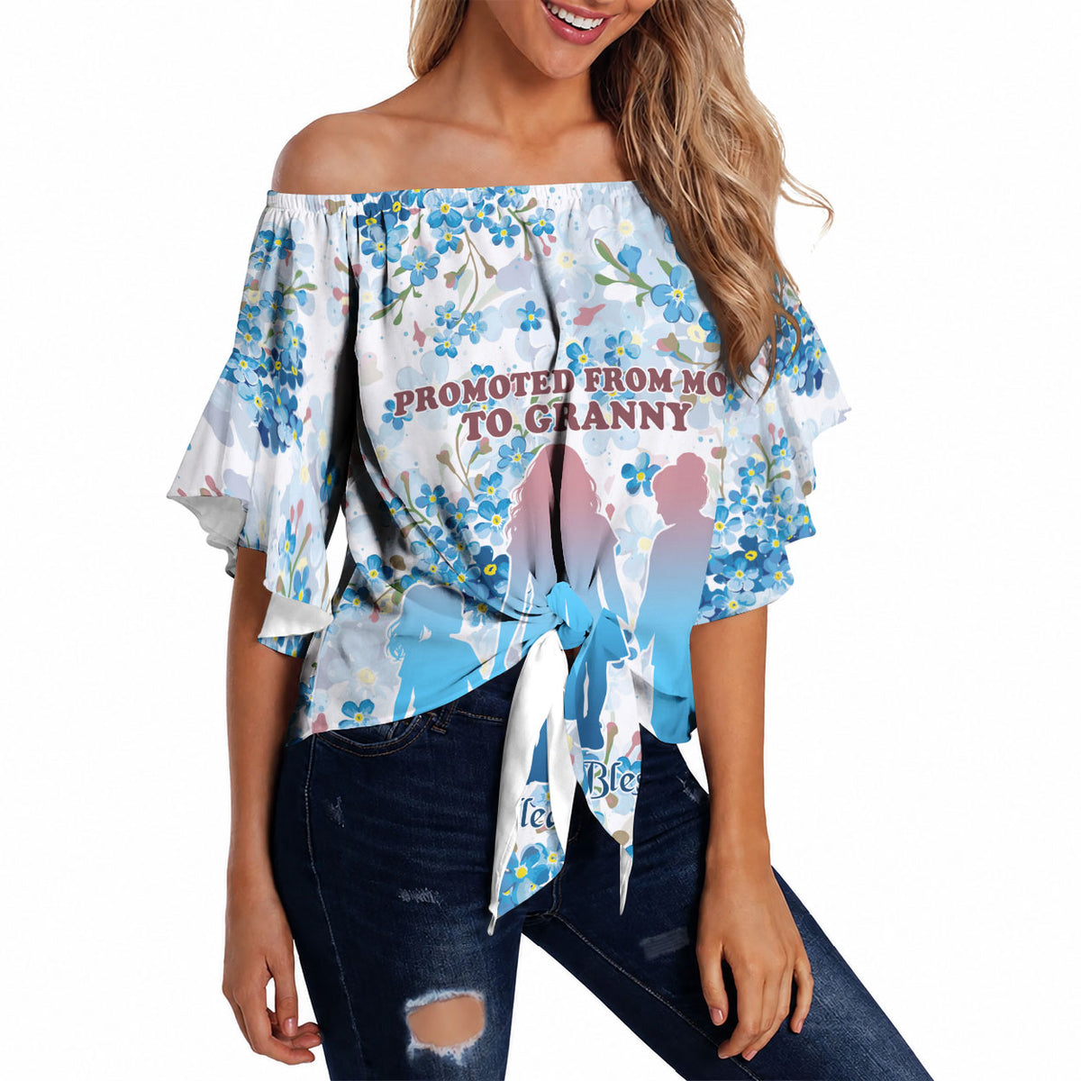 Promoted To Grandparents Off Shoulder Wrap Waist Top Family Generations Blue Floral Silhouette Art