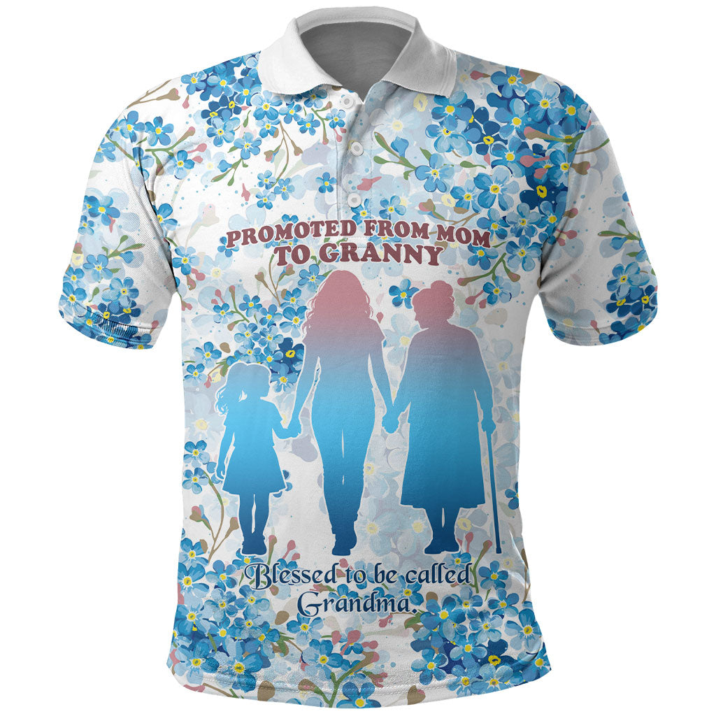 Promoted To Grandparents Polo Shirt Family Generations Blue Floral Silhouette Art