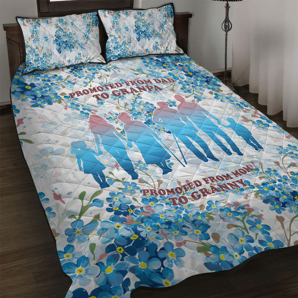 Promoted To Grandparents Quilt Bed Set Family Generations Blue Floral Silhouette Art