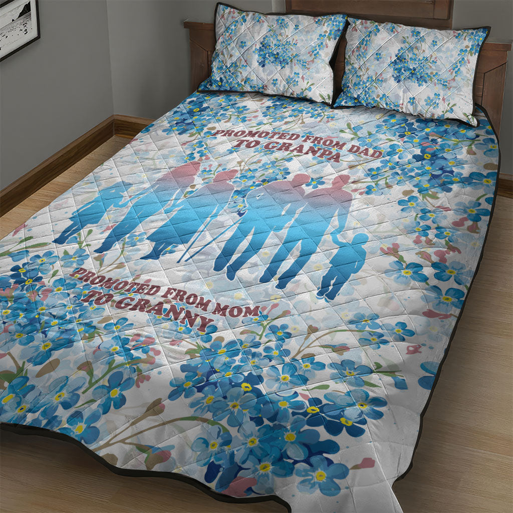 Promoted To Grandparents Quilt Bed Set Family Generations Blue Floral Silhouette Art
