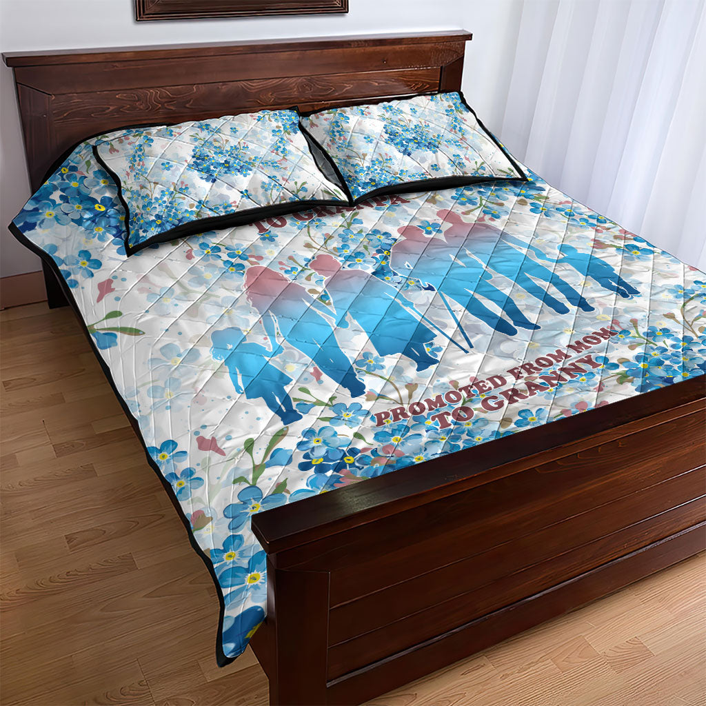 Promoted To Grandparents Quilt Bed Set Family Generations Blue Floral Silhouette Art