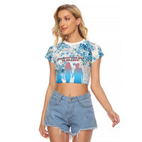 Promoted To Grandparents Raglan Cropped T Shirt Family Generations Blue Floral Silhouette Art
