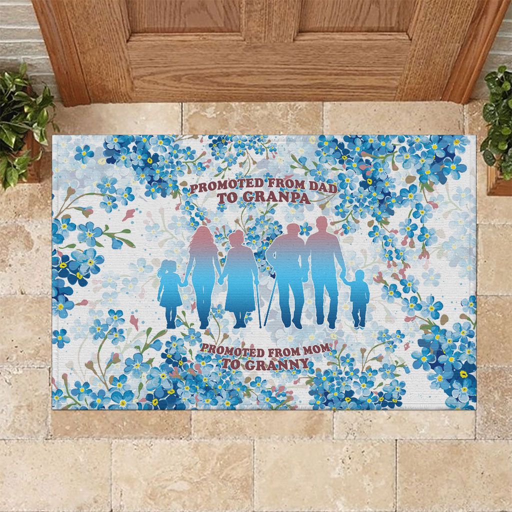 Promoted To Grandparents Rubber Doormat Family Generations Blue Floral Silhouette Art