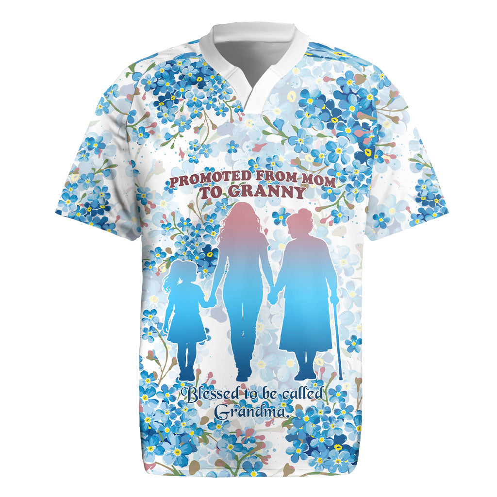 Promoted To Grandparents Rugby Jersey Family Generations Blue Floral Silhouette Art