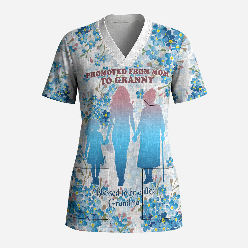 Promoted To Grandparents Scrub Top Family Generations Blue Floral Silhouette Art
