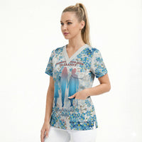 Promoted To Grandparents Scrub Top Family Generations Blue Floral Silhouette Art