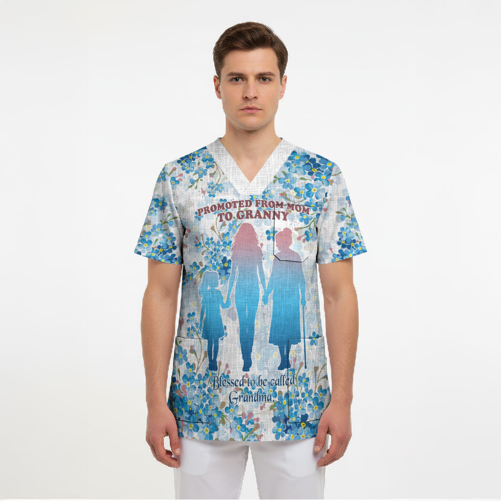 Promoted To Grandparents Scrub Top Family Generations Blue Floral Silhouette Art