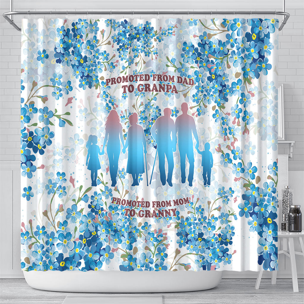 Promoted To Grandparents Shower Curtain Family Generations Blue Floral Silhouette Art
