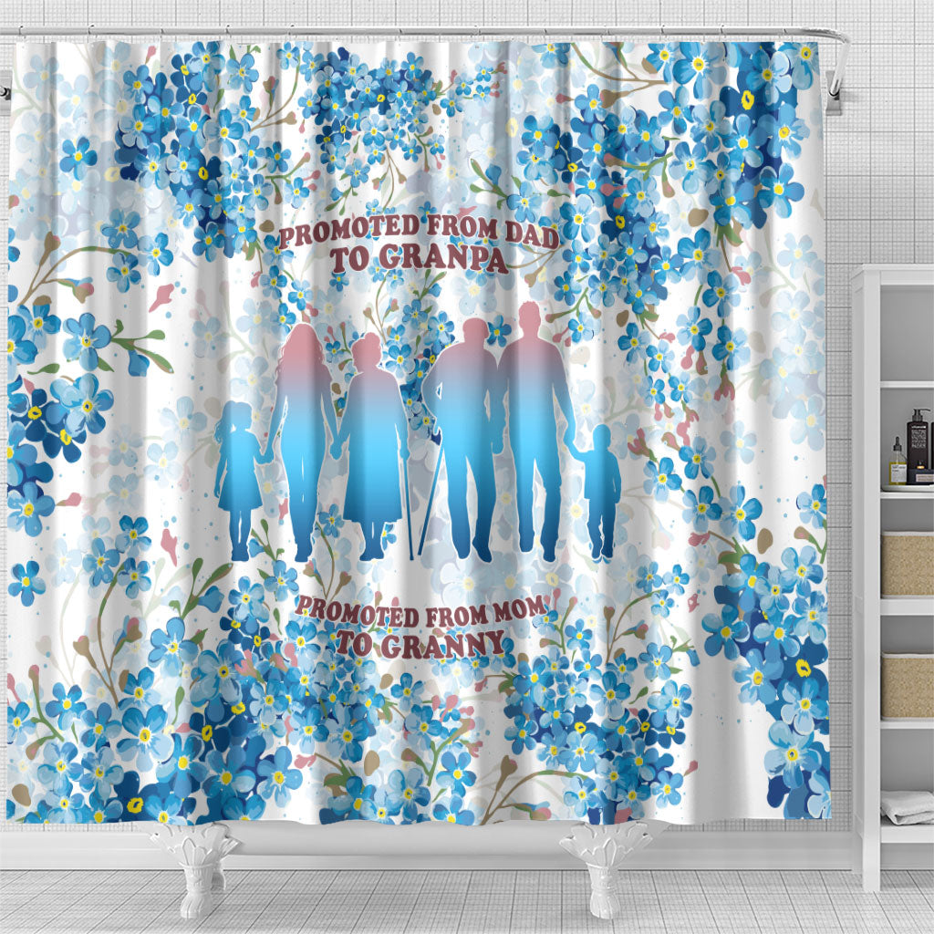 Promoted To Grandparents Shower Curtain Family Generations Blue Floral Silhouette Art