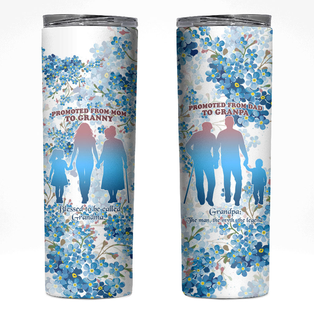 Promoted To Grandparents Skinny Tumbler Family Generations Blue Floral Silhouette Art