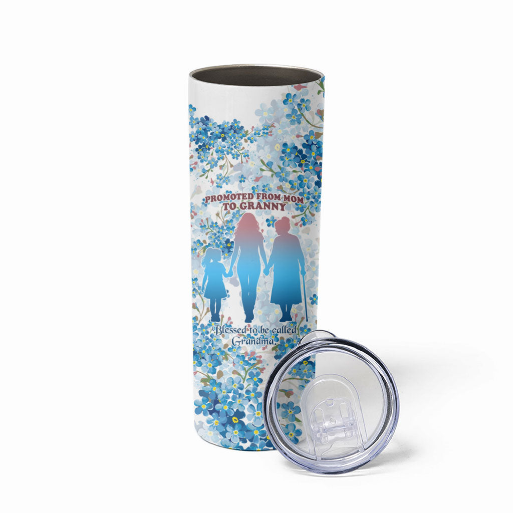 Promoted To Grandparents Skinny Tumbler Family Generations Blue Floral Silhouette Art