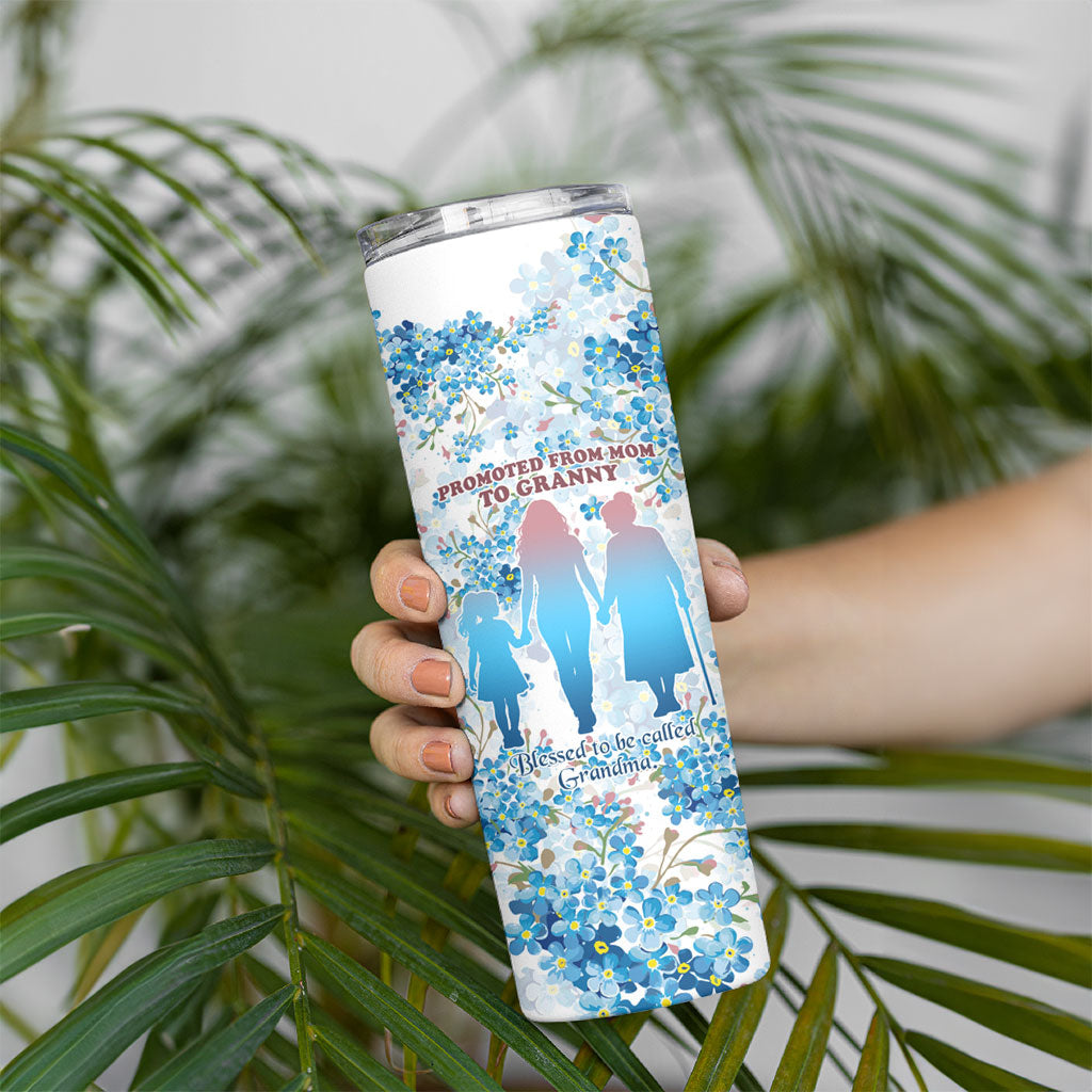 Promoted To Grandparents Skinny Tumbler Family Generations Blue Floral Silhouette Art