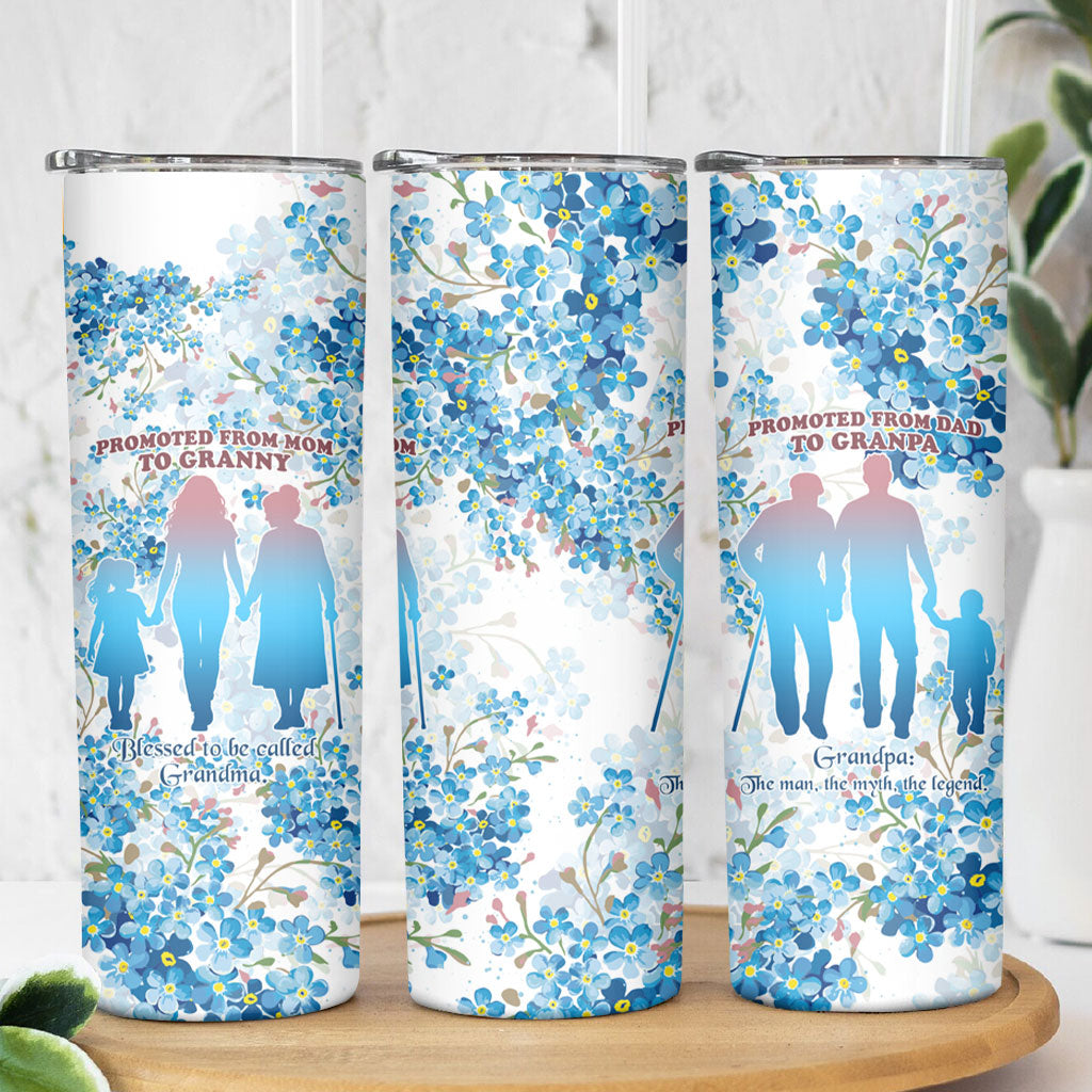 Promoted To Grandparents Skinny Tumbler Family Generations Blue Floral Silhouette Art