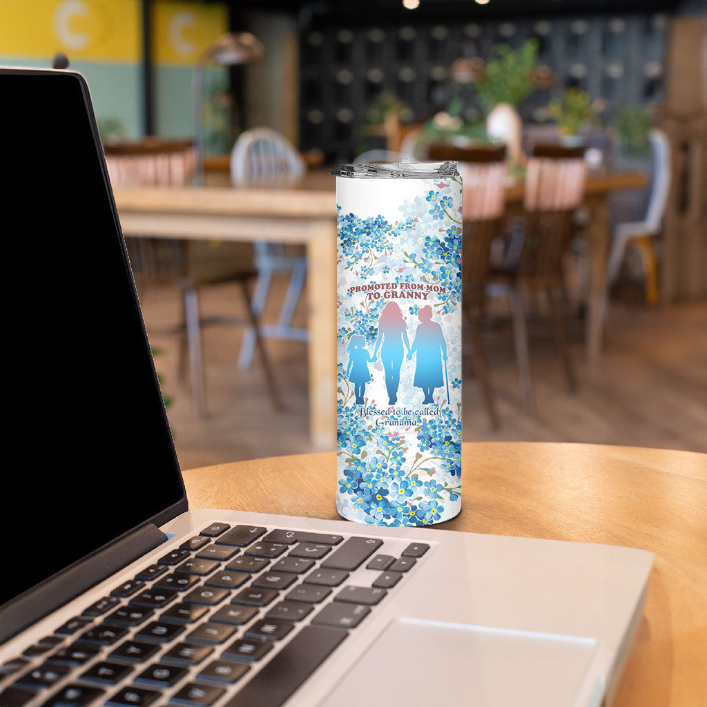 Promoted To Grandparents Skinny Tumbler Family Generations Blue Floral Silhouette Art