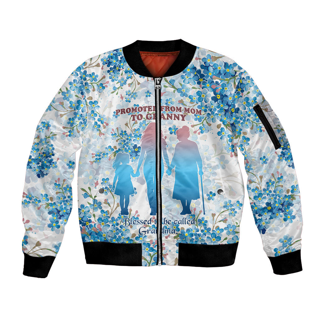 Promoted To Grandparents Sleeve Zip Bomber Jacket Family Generations Blue Floral Silhouette Art